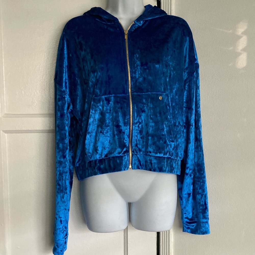 Fabletics Crushed Velour Zip-up Hoodie Jacket Blue Medium NWT